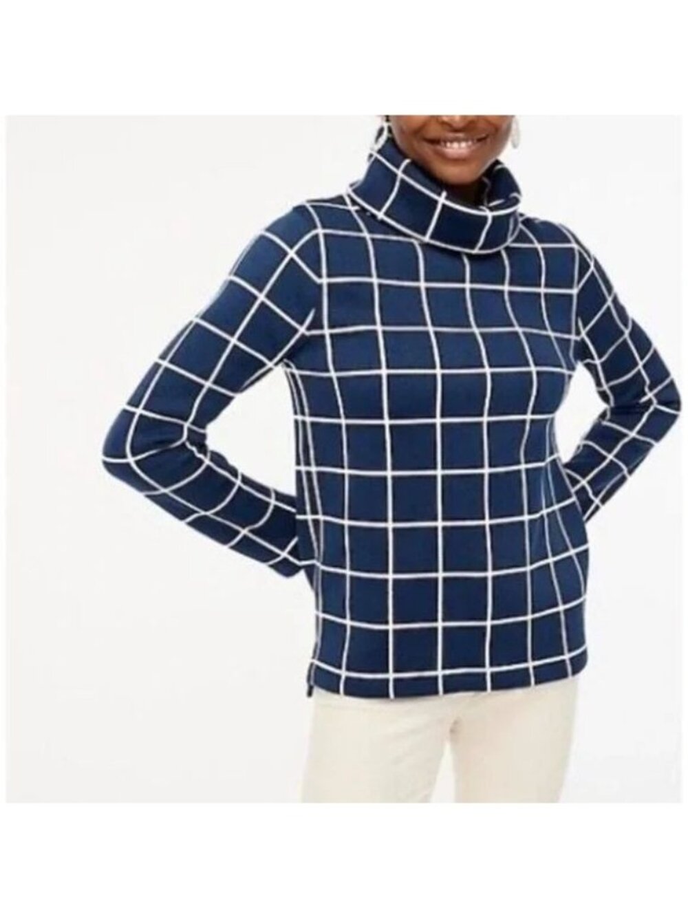 NWT J. Crew Factory Funnelneck Blue & White Windowpane Plaid Sweater, M